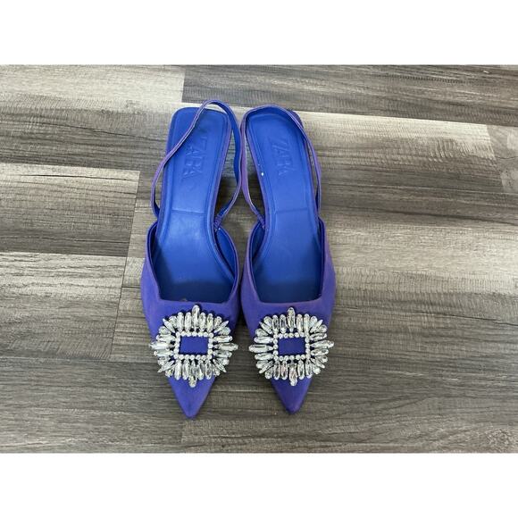 ZARA Slingback Kitten Heels Embellish Rhinestone Purple Blue 39/8.5 Quiet Luxury - Picture 1 of 9